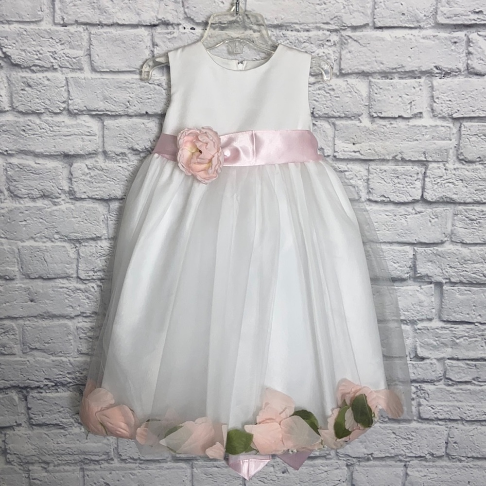 Us Angels 4T White and Pink Petal Tulle Flower Girl Dress